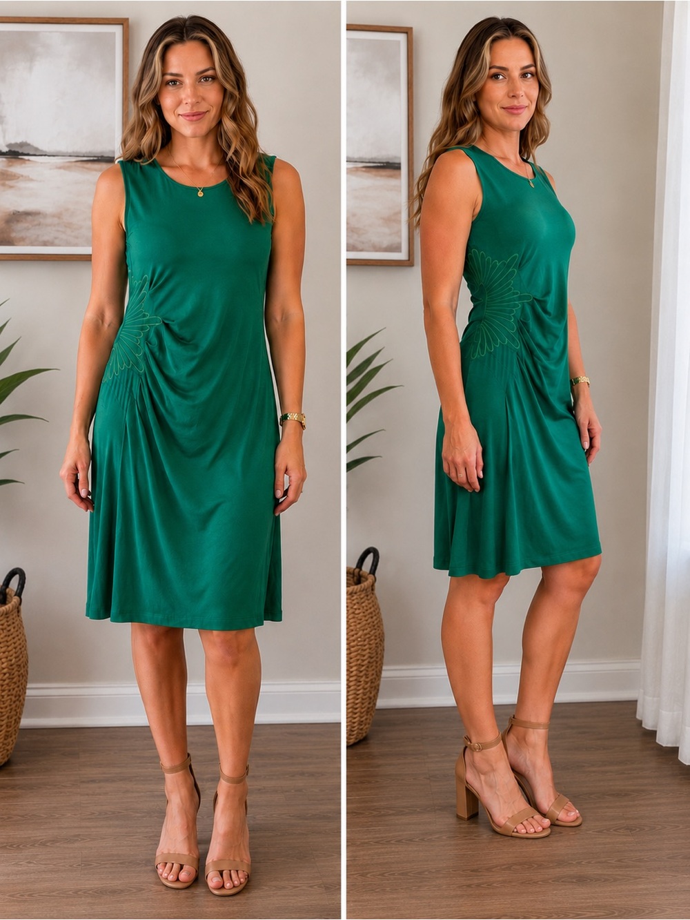 Catherine Malandrino Sleeveless Teal Green Gathered Floral-Detail Midi Dress